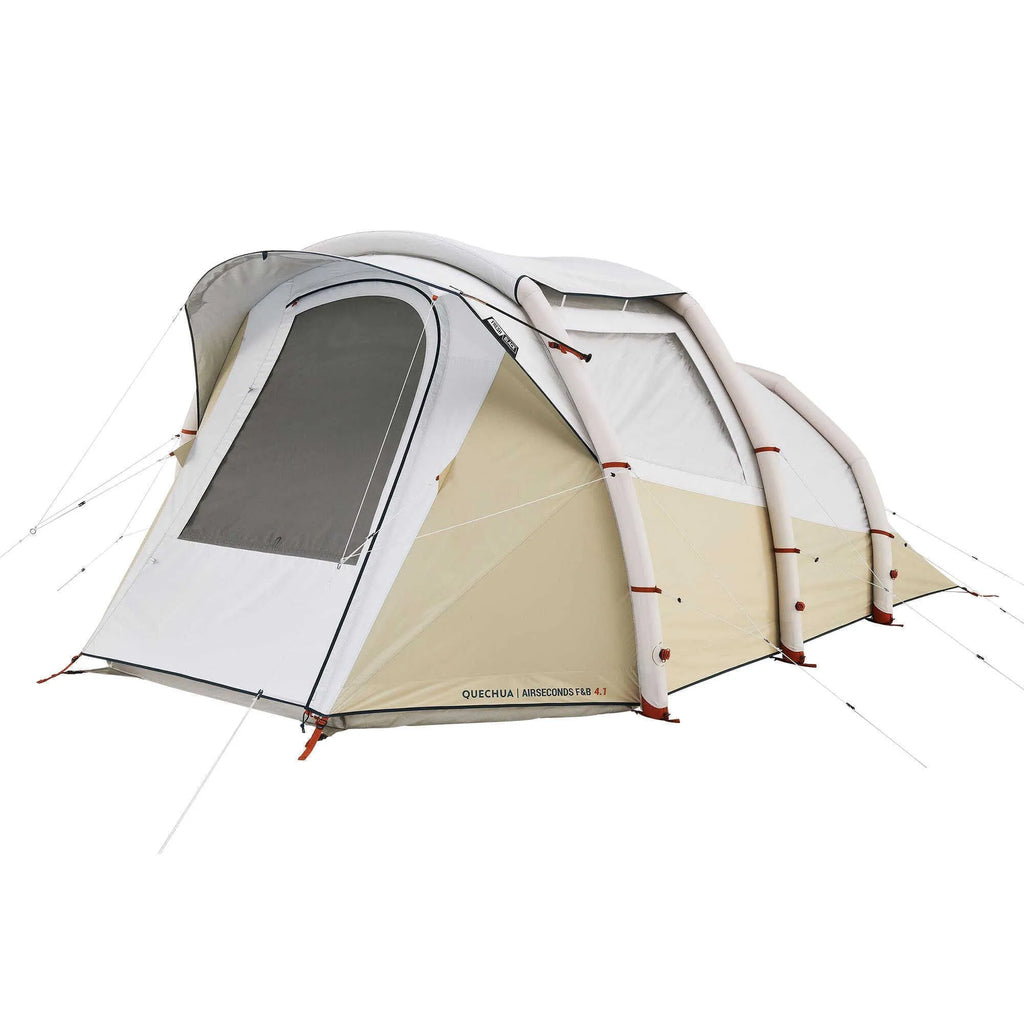 Inflatable camping tent for 4 people with hand pump, double-sheet rainproof design, polyethylene base, set up outdoors