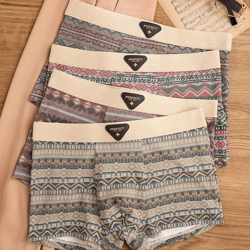 Men's breathable antibacterial cotton boxer shorts in brown check pattern with mid-rise waist