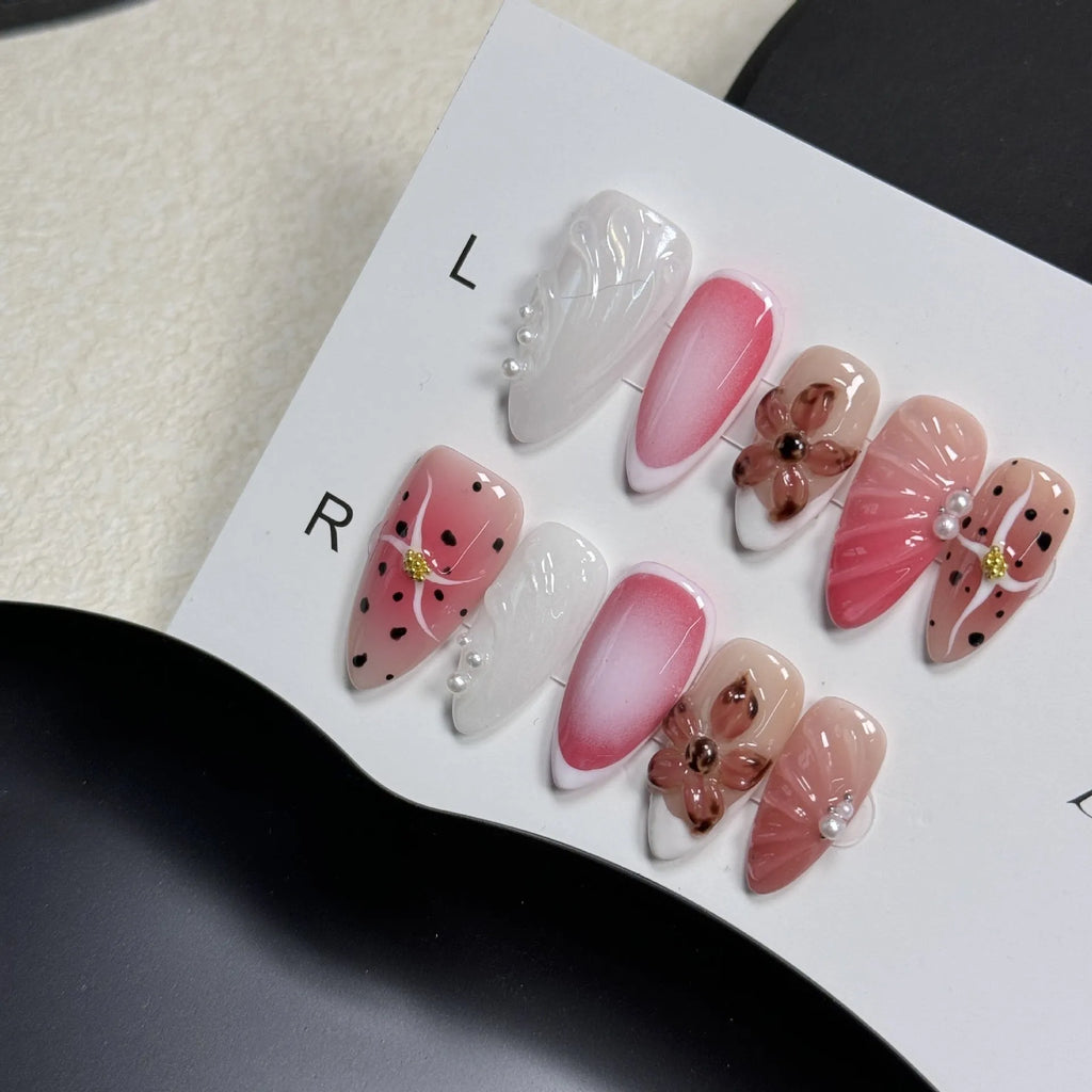 Hand-painted three-dimensional carved plastic nail patches with embossed candy patterns in almond shape