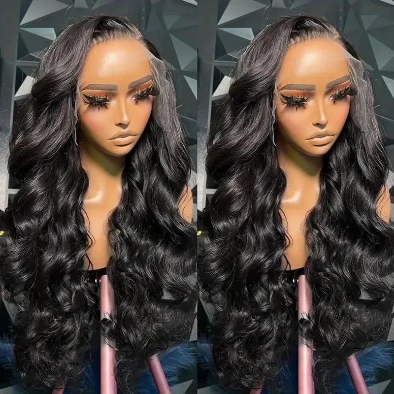 Black long curly synthetic wig on a stand showing 22-inch waves and full-head coverage