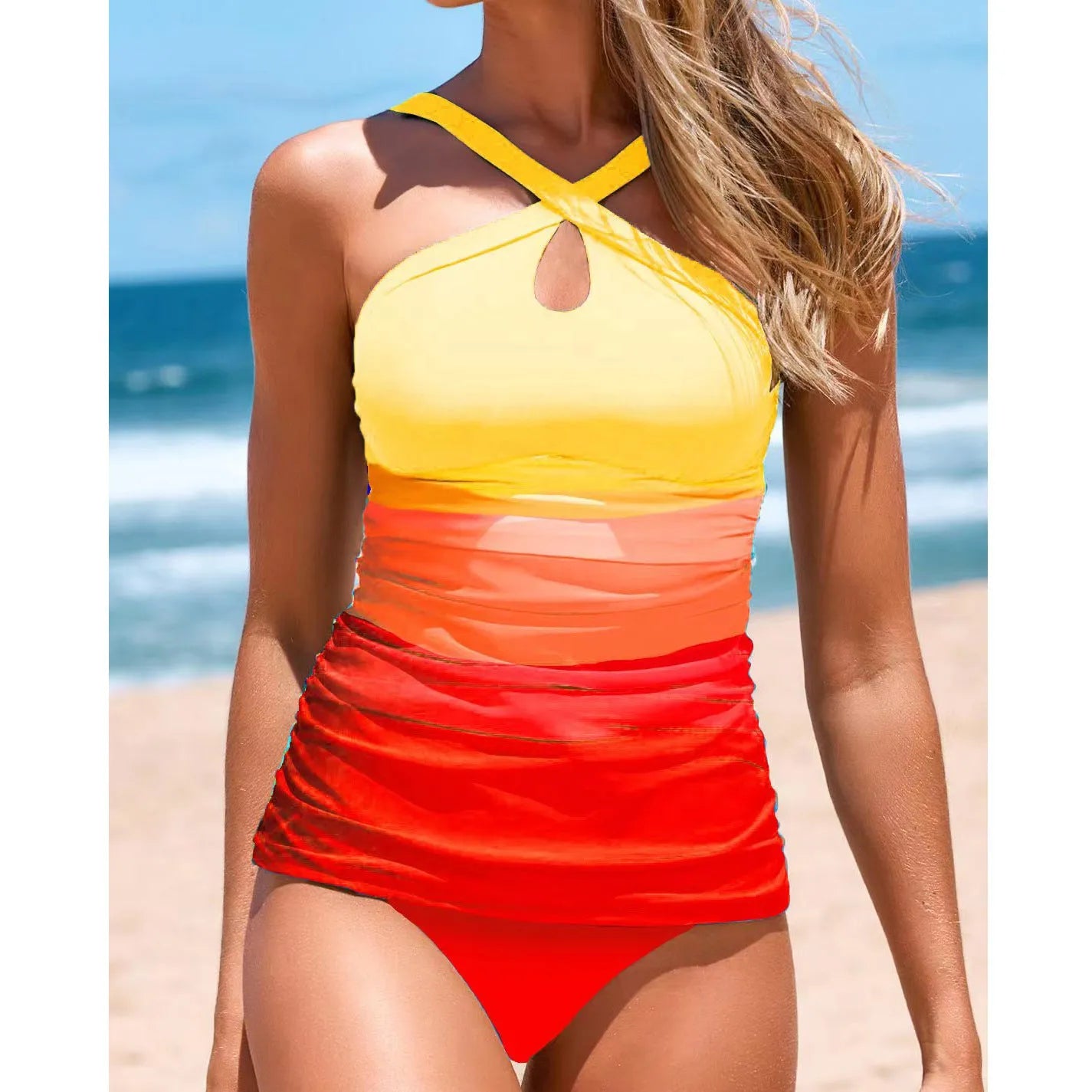 Women's gradient colour swimsuit with cross strap back and heap pleated detailing