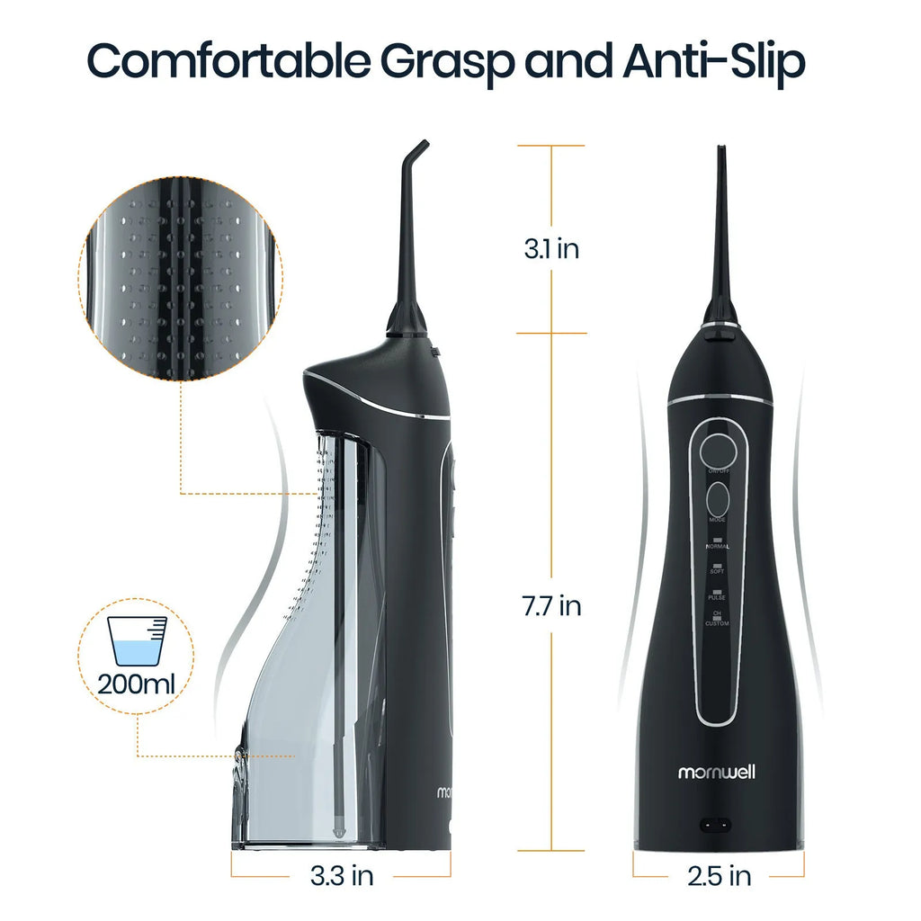 Black prooral portable oral irrigator with water reservoir and smart water toothpick technology