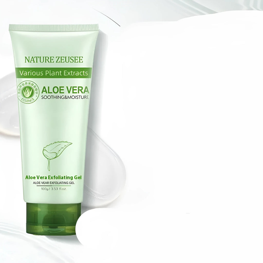 Aloe vera exfoliating gel 100g in picture colour tube with ingredient list including aloe vera, fruit oil, sodium hyaluronate