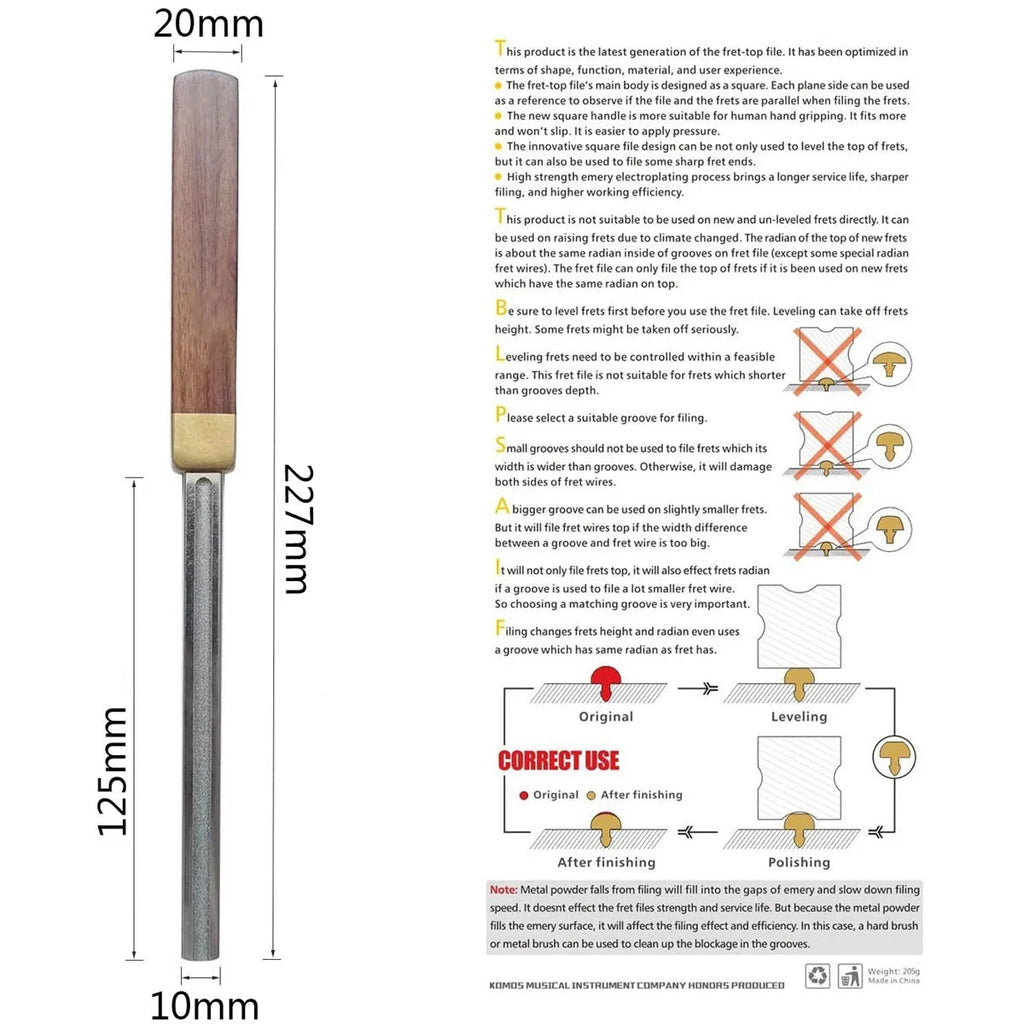 Square guitar fret edge file with 1mm 2mm 3mm 4mm slot gauges, carbon steel diamond grit body and wooden handle
