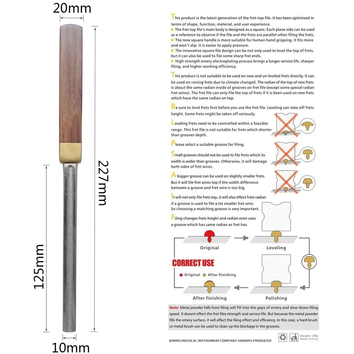 Square guitar fret edge file with 1mm 2mm 3mm 4mm slot gauges, carbon steel diamond grit body and wooden handle