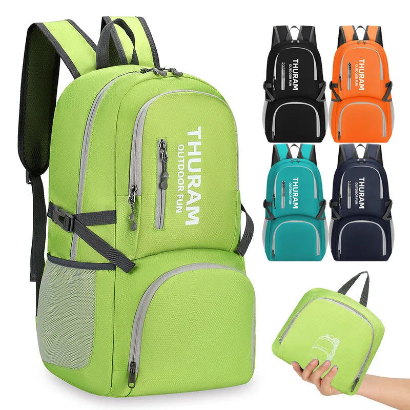 Outdoor folding travel backpack in multiple colours showing adjustable straps and 20-35L capacity.