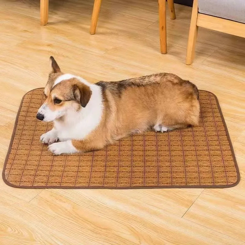 Brown woven rattan cooling mat for dogs on a floor, showing texture and size options.