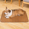 Brown woven rattan cooling mat for dogs on a floor, showing texture and size options.