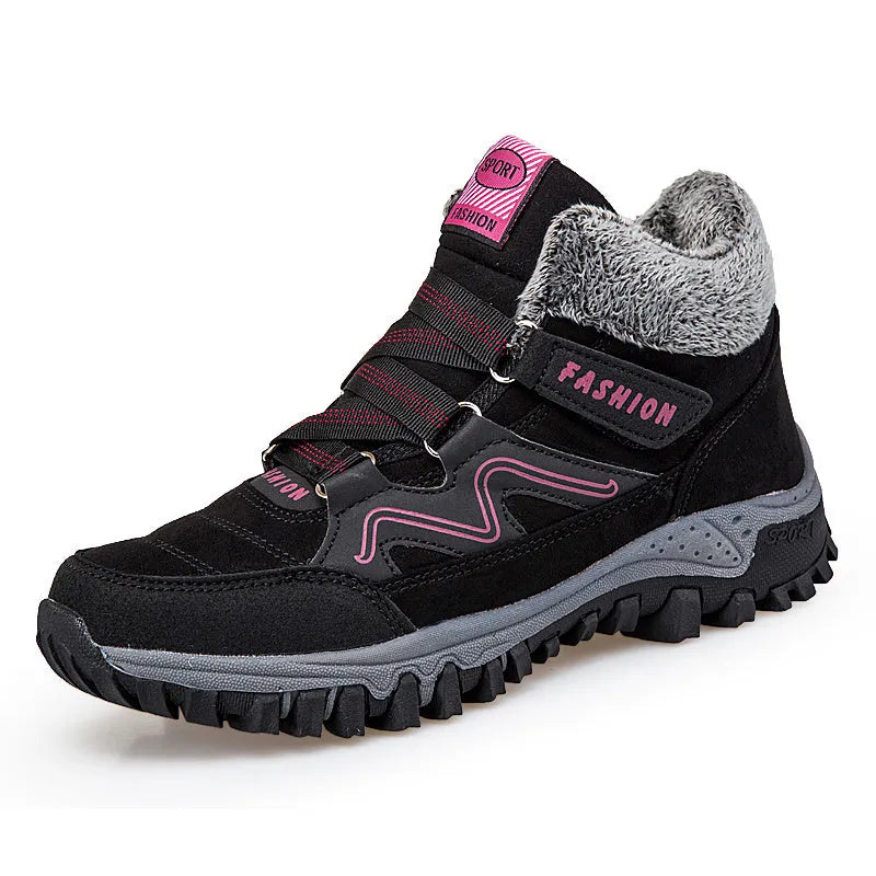 Women's warm cotton snow boots with suede upper, rubber sole, and front tie lacing, multiple colours available