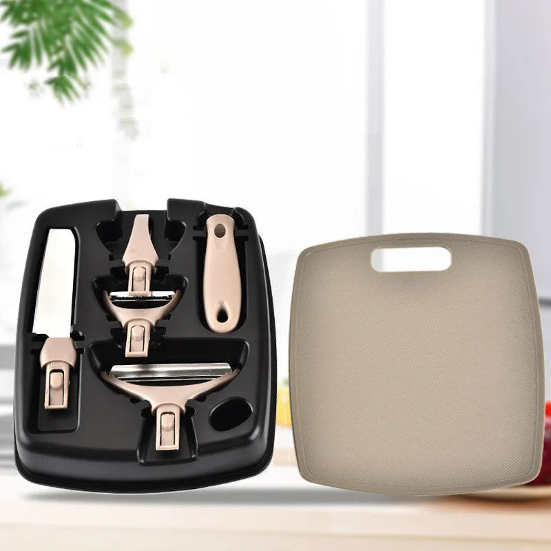 Three-piece stainless steel kitchen cutter set with wheat straw chopping board, fruit knife, and peeler
