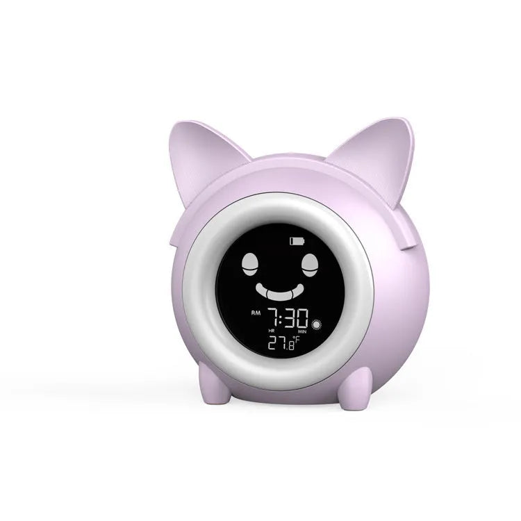 Small round cartoon alarm clock with LCD display and luminous feature in light blue