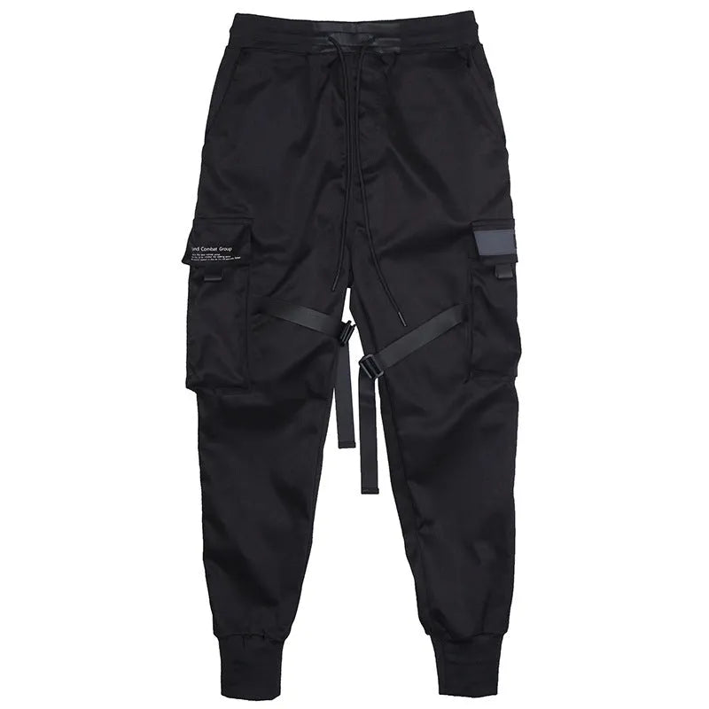 Black 100% cotton overall trousers with tapered leg, front view, on a plain background.