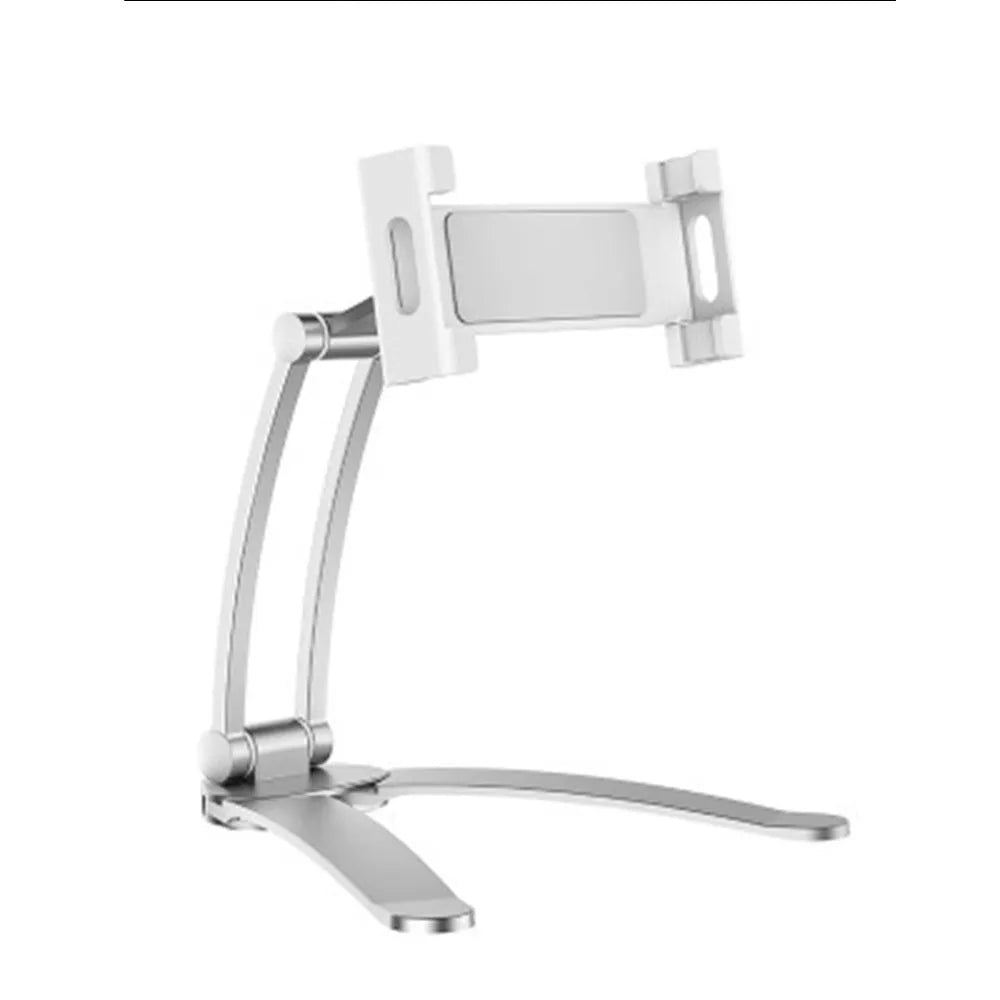 Silver aluminium alloy desktop tablet stand holding a tablet, showing its 360-degree rotation and adjustable chuck mechanism.