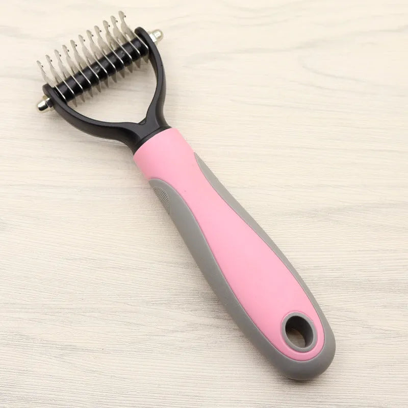 Pet long-haired dog knot comb double-sided blade dematting tool with stainless steel needles ABS TPR handle blue and pink colour options