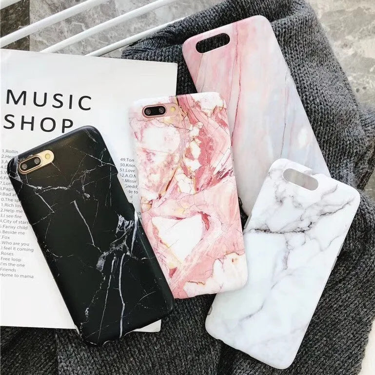 Silicone marble and camouflage phone case for iPhone 6 to XS Max in white crack, black crack, white marble, red, and nude