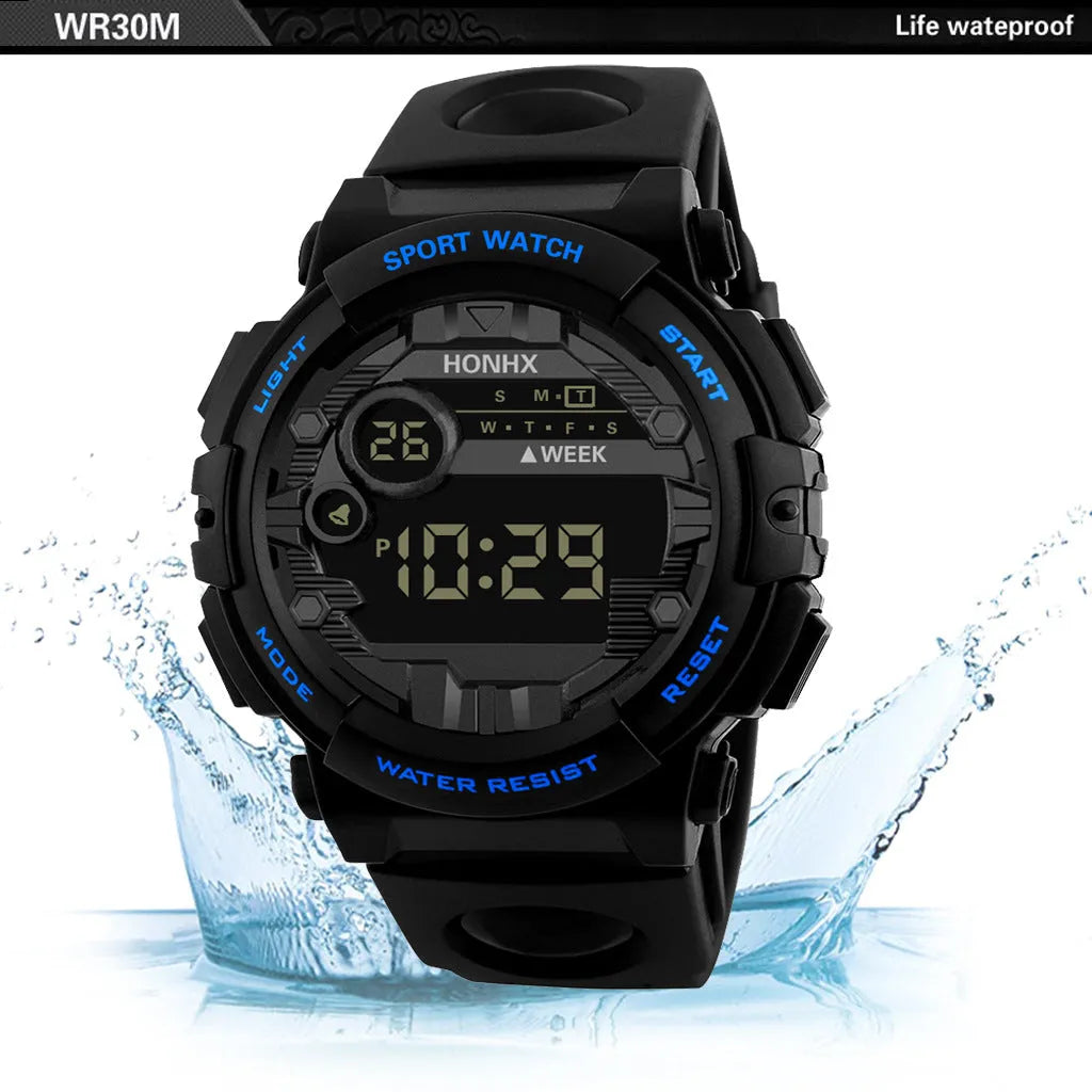 Digital watch with calendar alarm stopwatch LED display round resin case 43mm PU strap black blue red