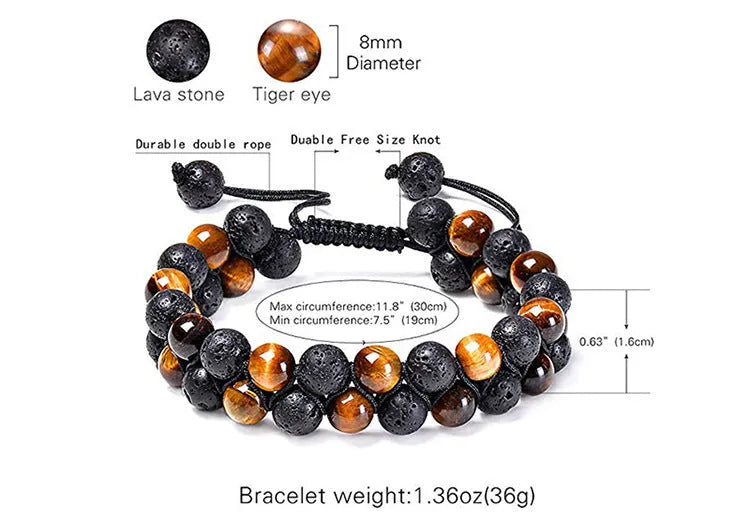 Matte black agate bead couple bracelets with geometric design on a plain background.
