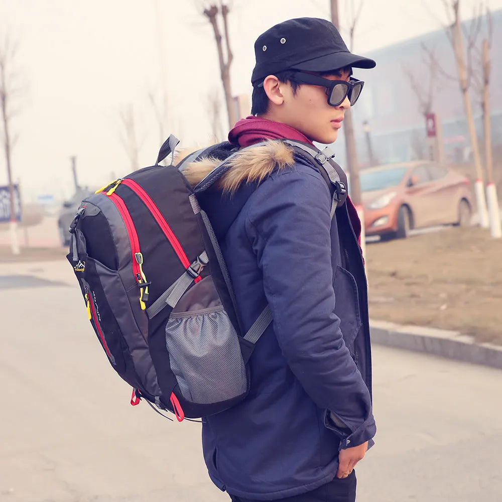 Oxford travel backpack for mountaineering 36-55L in green, plain pattern, side view
