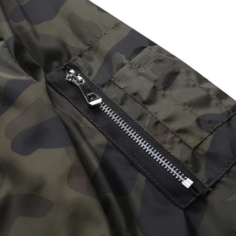 Men's camouflage bomber jacket with stand collar, zip front, long sleeves, and welt pockets in army green or dark grey