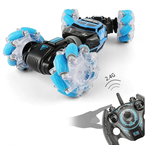 Red remote control stunt car with gesture control, morphing off-road tyres, lights, and music, measuring 32 cm long