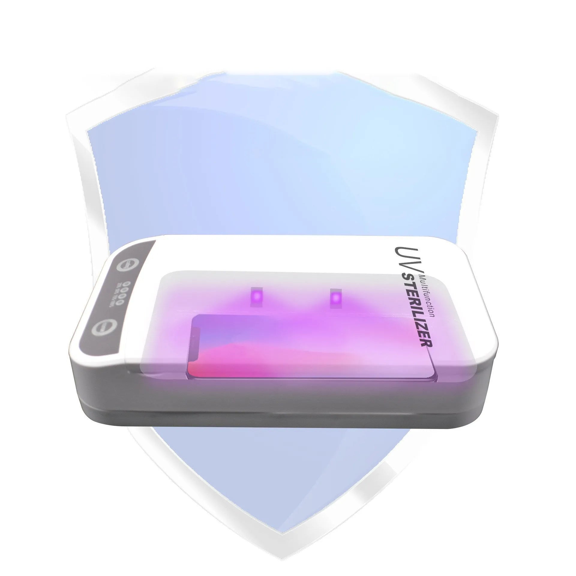 UV disinfection box for mobile phones with USB ports, showing internal compartment.