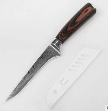 7Cr17 stainless steel kitchen knife with laser Damascus pattern on blade and colour steel handle.