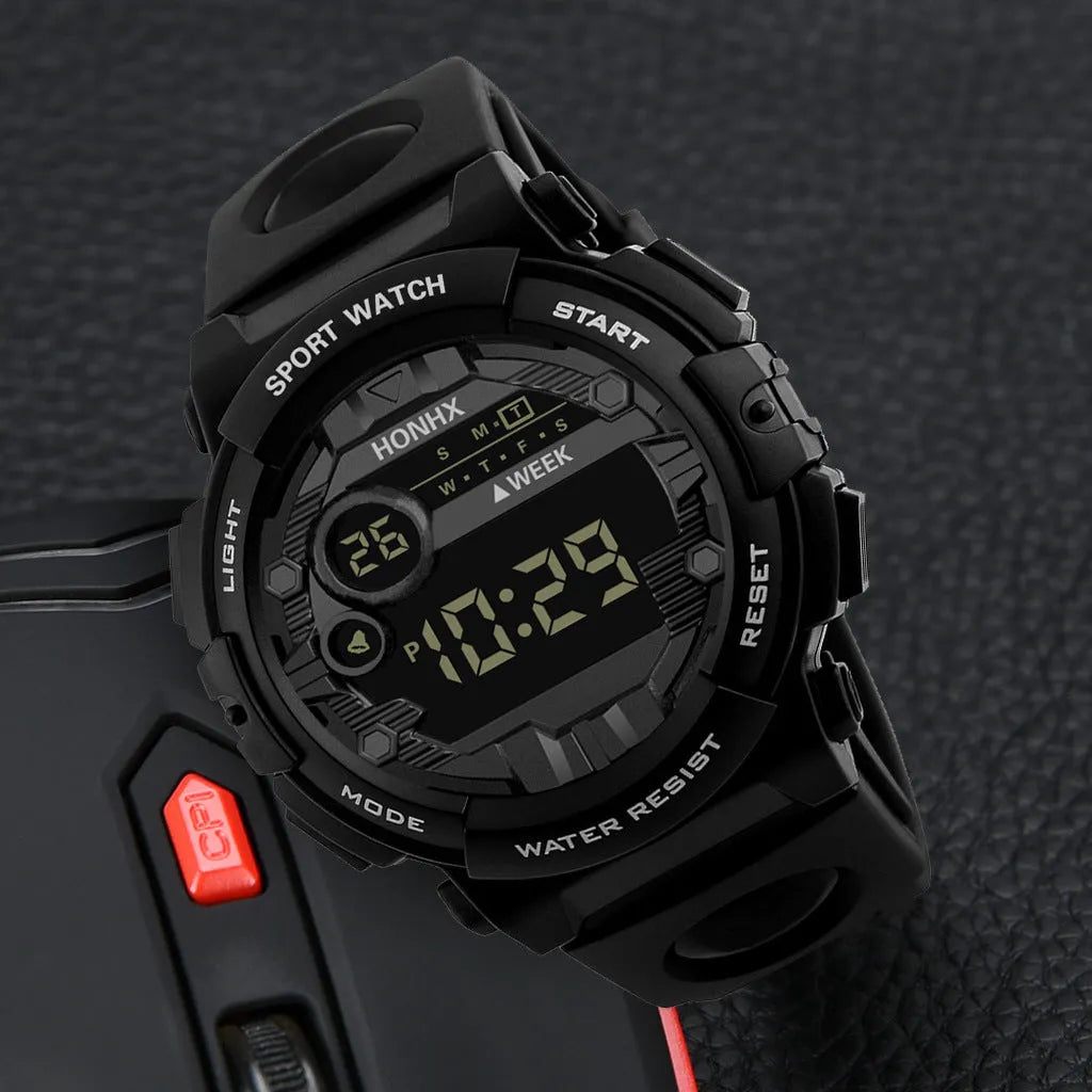 Digital watch with calendar alarm stopwatch LED display round resin case 43mm PU strap black blue red