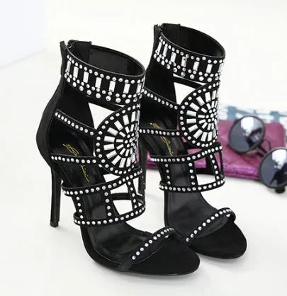 Rhinestone high heel sandals with suede upper, open toe, fine heel, back zipper, super high heel 8cm+ in apricot colour