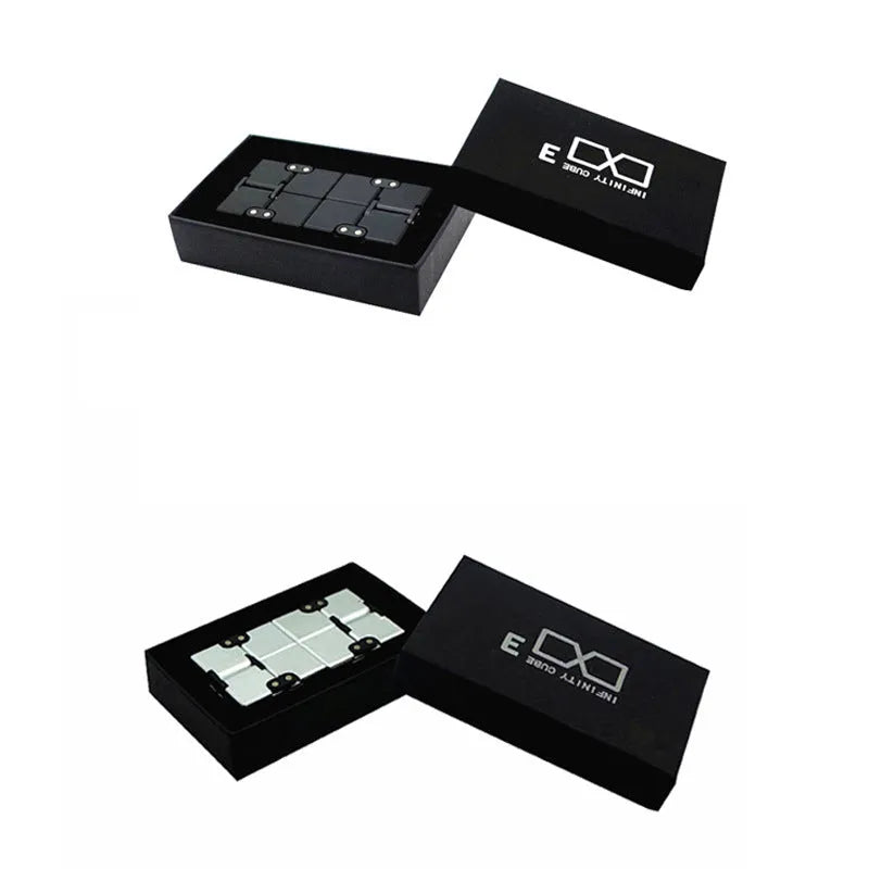 Zinc alloy infinity cube fidget toy showing black and silver colour options, sized at 4cm.