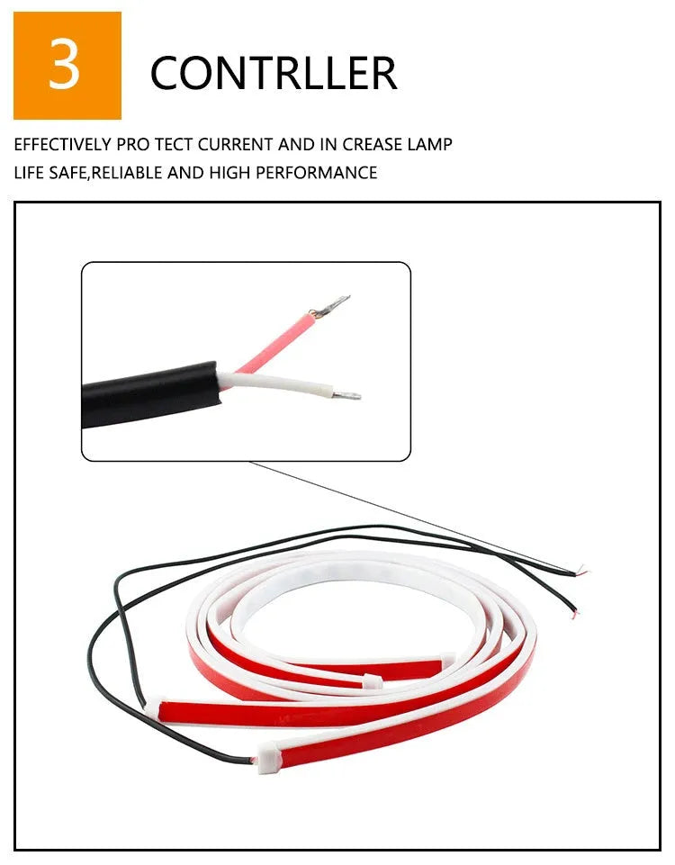Red and white LED car door warning light strip with streamer effect on a car door edge
