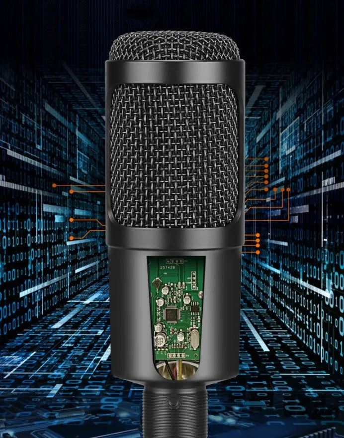 Black USB condenser microphone with integrated volume knob for laptop recording