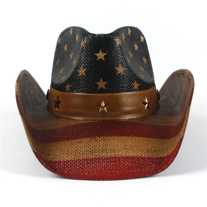 Cowboy sun hat in grey with curling brim and high-top design, made of woven grass