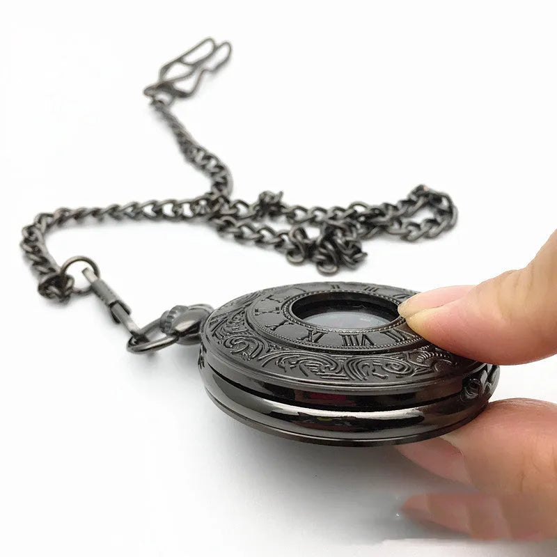 Classic Roman double display pocket watch with round alloy case, pointer and number dial, and chain