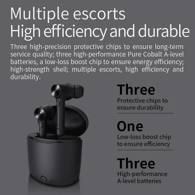 Black TWS Bluetooth headset with compact charging case measuring 60 x 67.5 mm