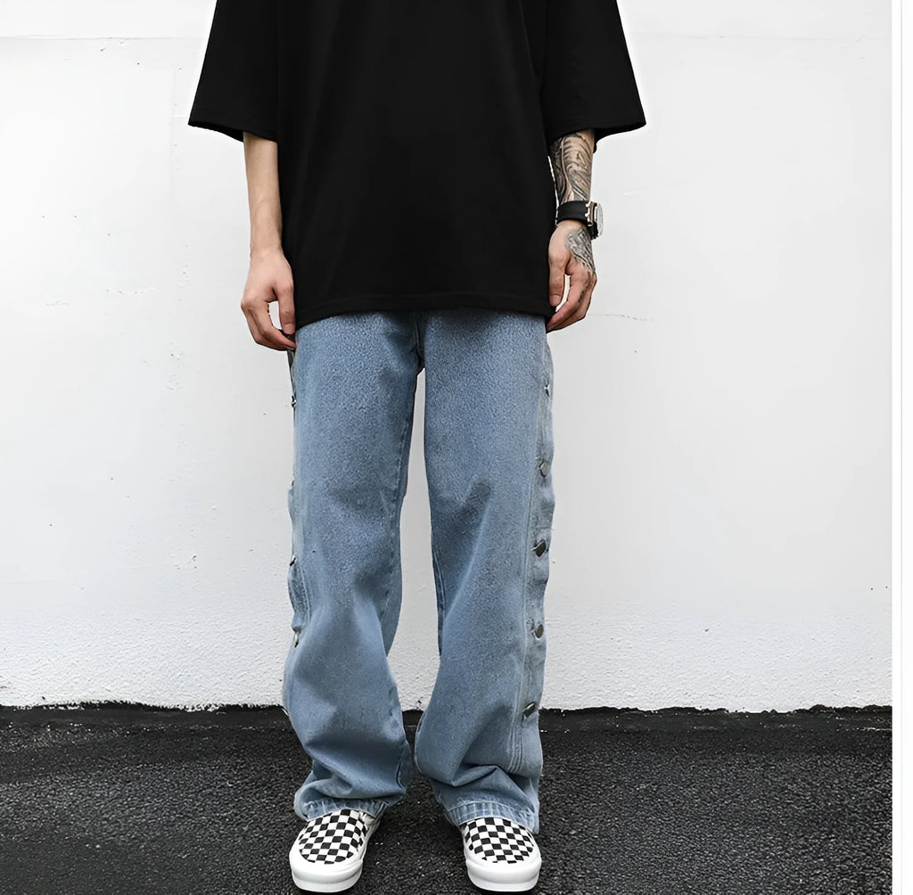 Straight loose cotton jeans for women, medium low waist, zip fly, in black and light blue, sizes M L XL