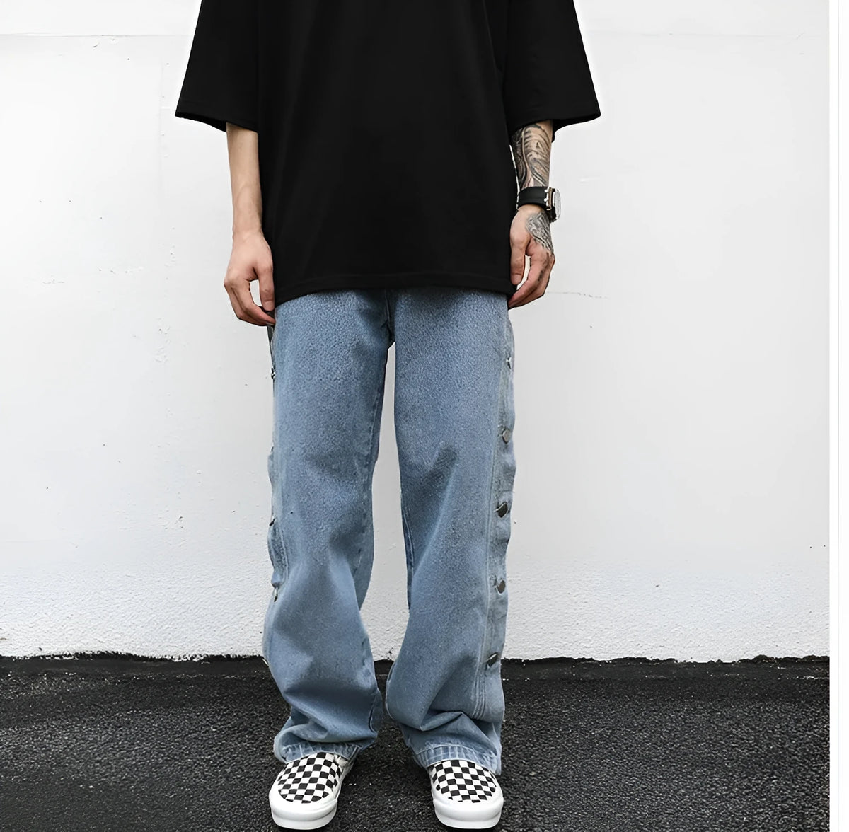 Straight loose cotton jeans for women, medium low waist, zip fly, in black and light blue, sizes M L XL