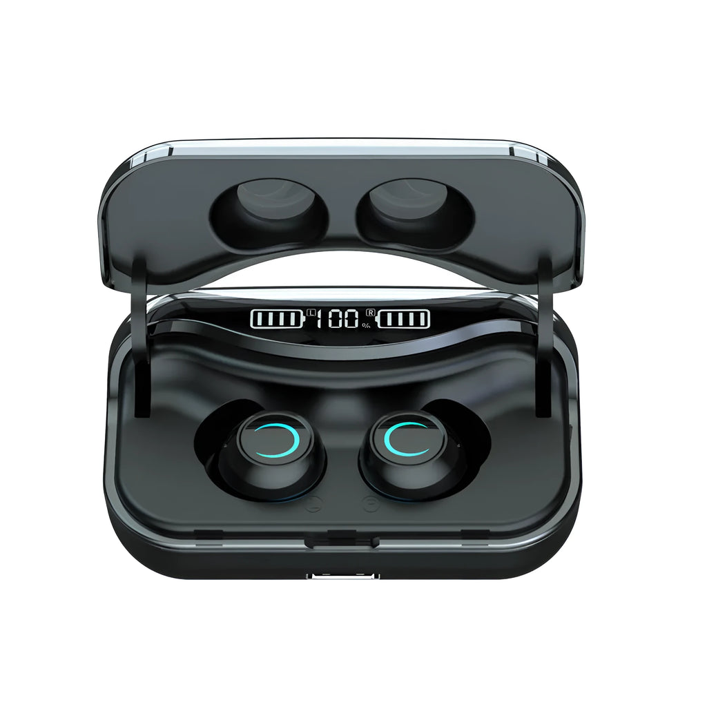 Black running in-ear Bluetooth headset with Bluetooth 5.0, stereo sound, and earplug-type binaural design