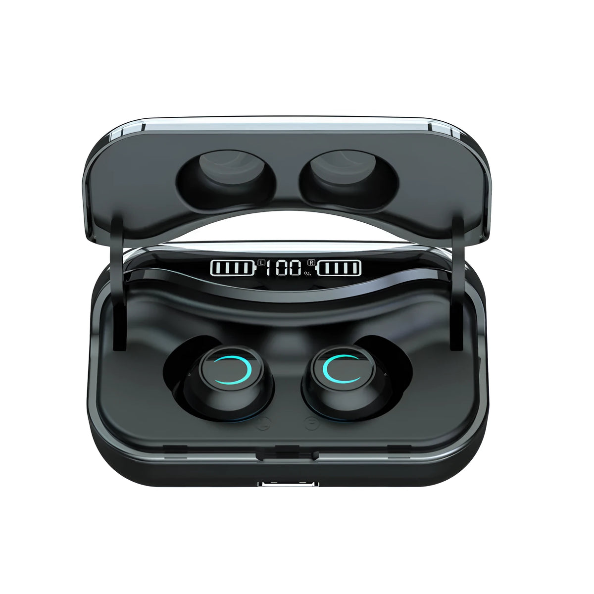 Black running in-ear Bluetooth headset with Bluetooth 5.0, stereo sound, and earplug-type binaural design