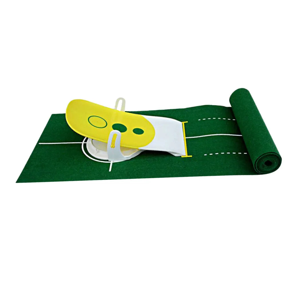 Precision putter exerciser with green non-woven push rod blanket 230cm length and simulator on wooden floor