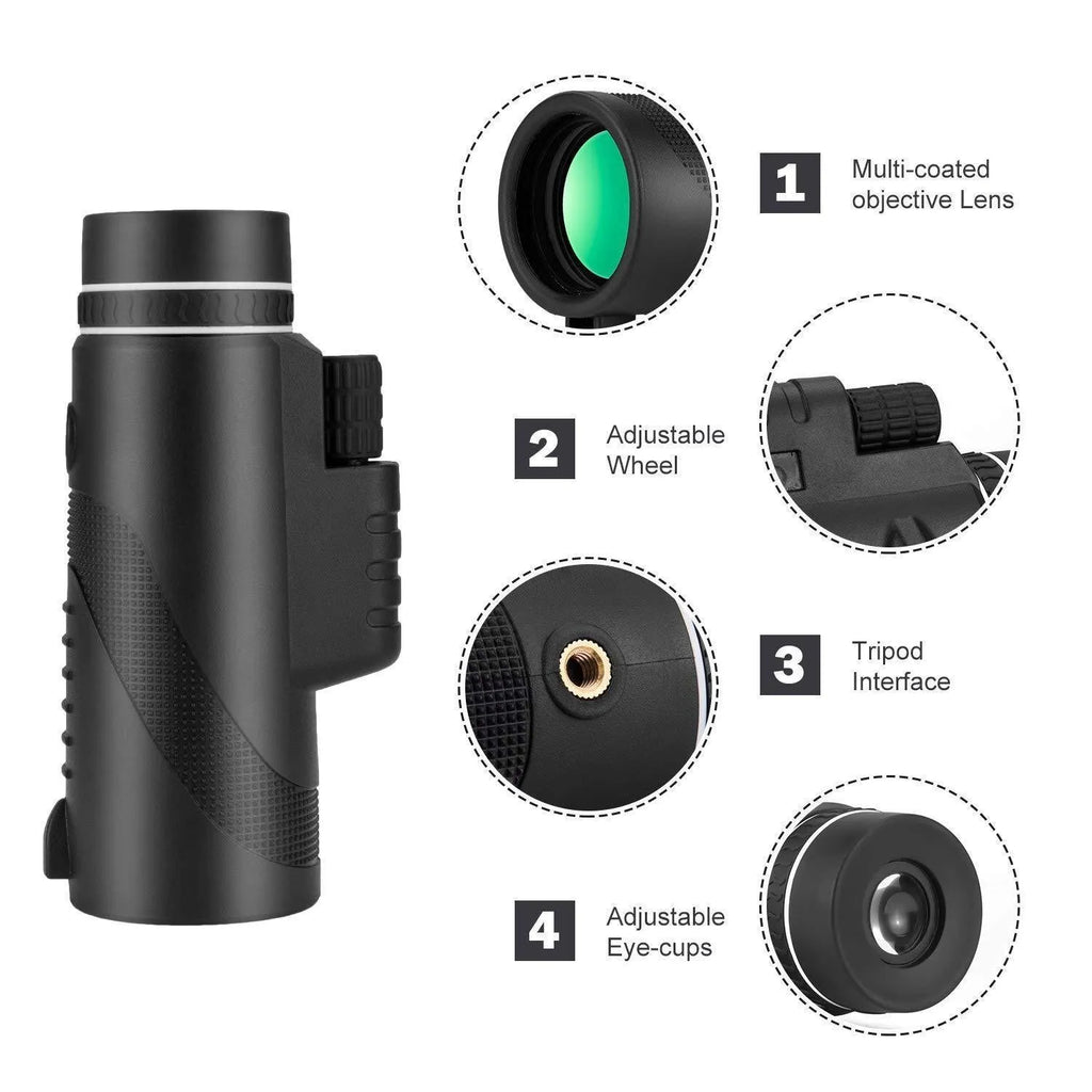Black 40x60 HD monocular telescope with smartphone compatibility for long-range observation.