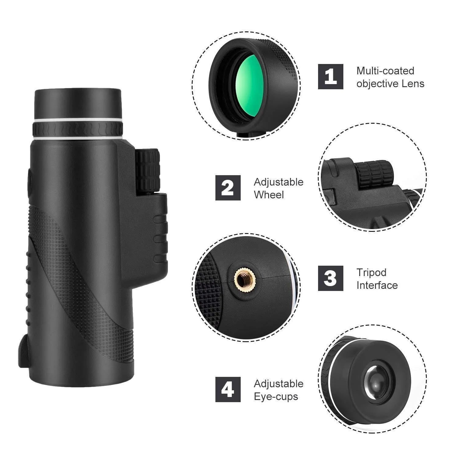 Black 40x60 HD monocular telescope with smartphone compatibility for long-range observation.