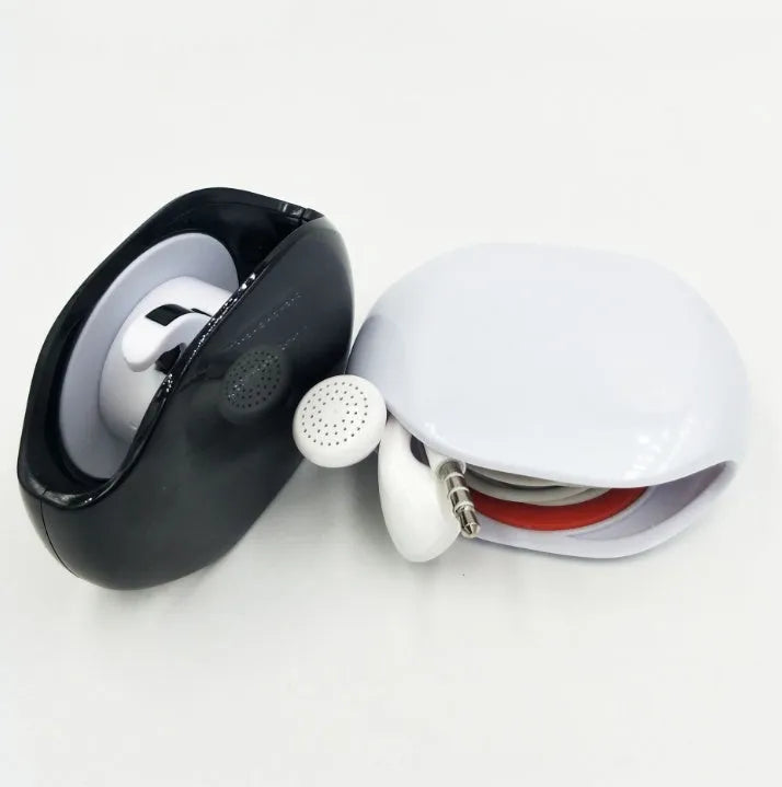 Compact automatic earphone winder in multiple colours on a grey background, showing extended cable.