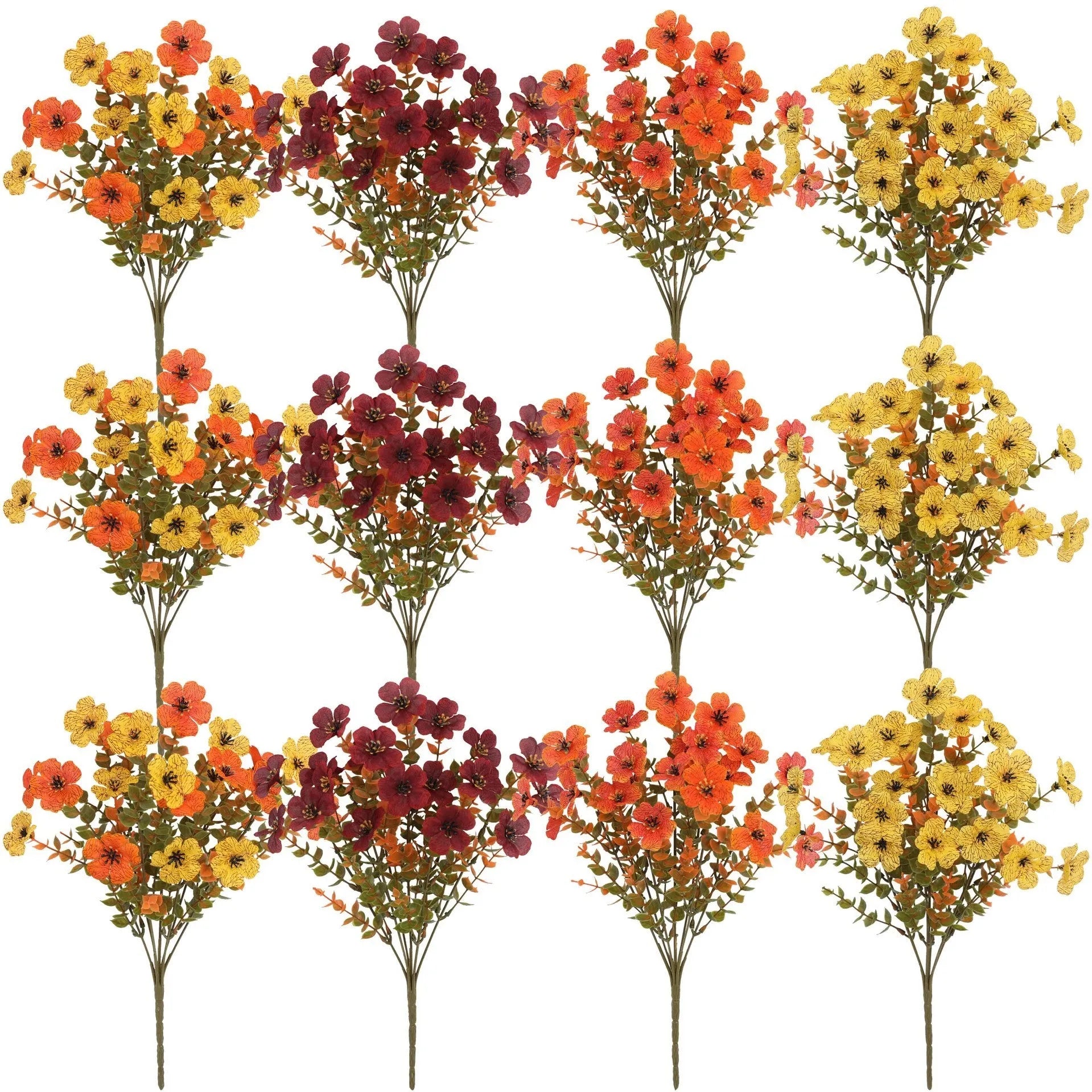 Artificial silk flower bouquet in autumn red, yellow, and orange colours for home or wedding decoration.