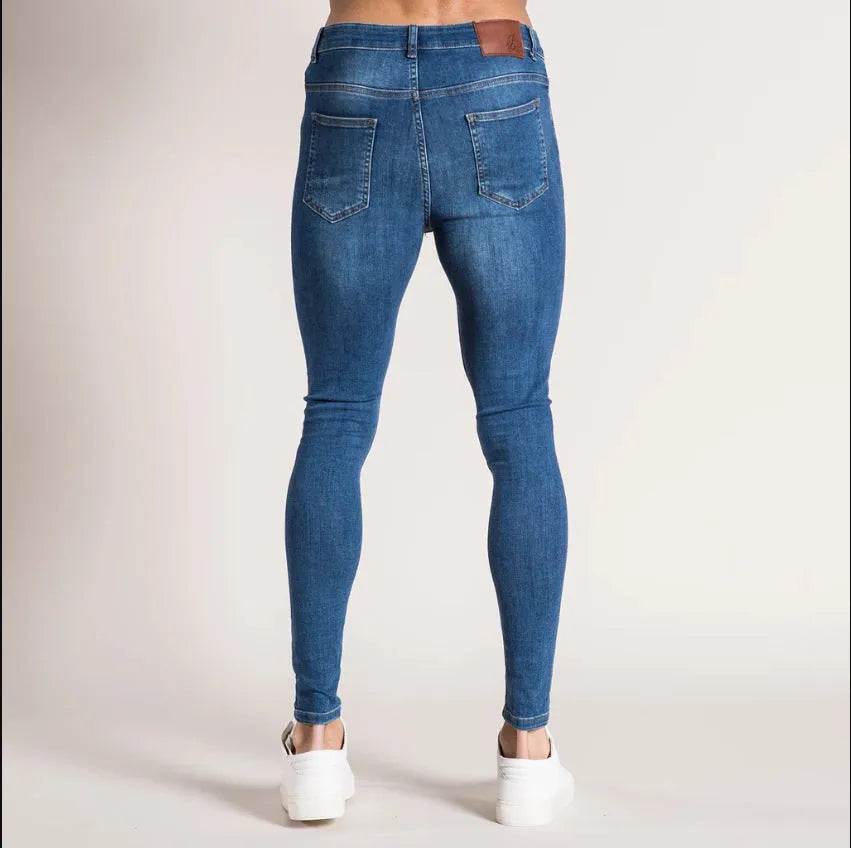 Men's high waist washed cotton denim pencil pants in black, skinny fit with zipper fly