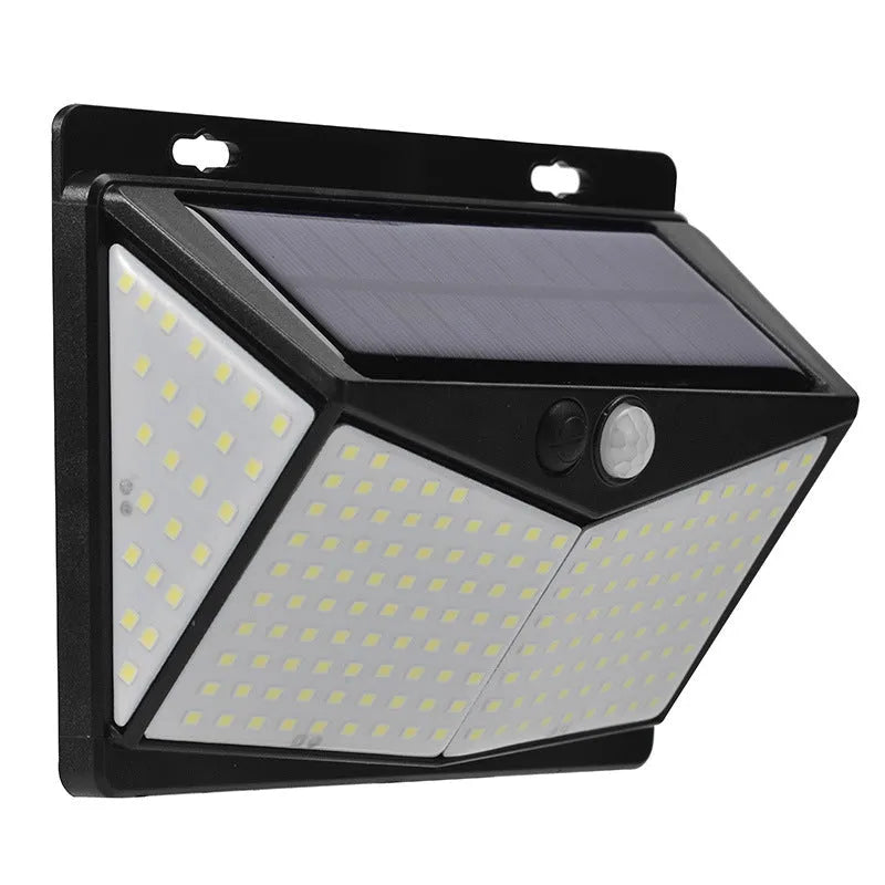 Solar wall lamp with 208 LEDs, motion sensor, and IP65 waterproof rating for garden and yard use.