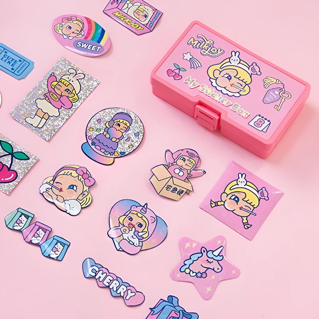 Cartoon sticker sheets with storage box showing 16 PVC comics heart designs for DIY decoration