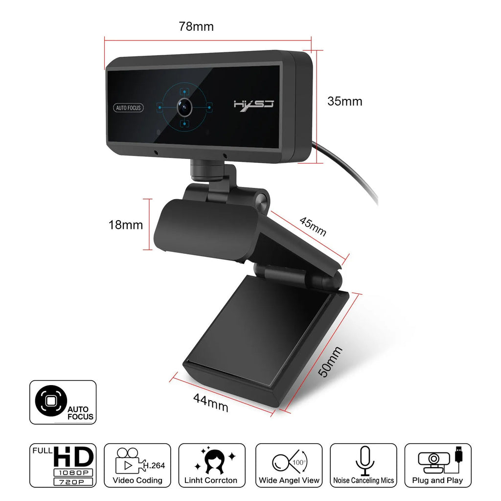 HD computer video camera with 5MP autofocus, black ABS body, USB 2.0 cable, desktop use
