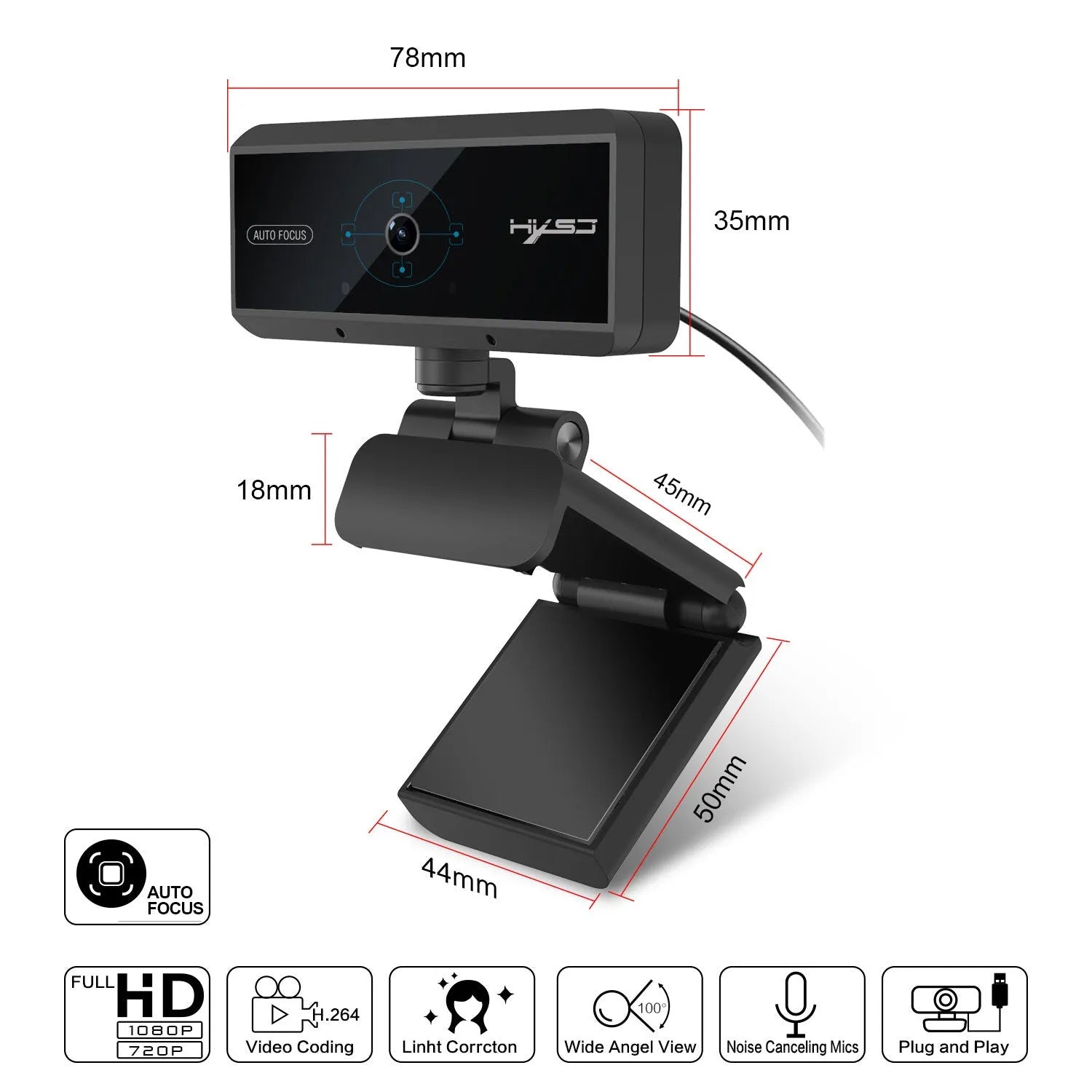 HD computer video camera with 5MP autofocus, black ABS body, USB 2.0 cable, desktop use