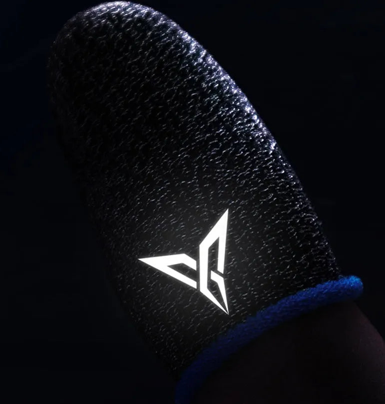 A pair of green gaming thumb sleeves made from silver fibre material with a reflective logo.