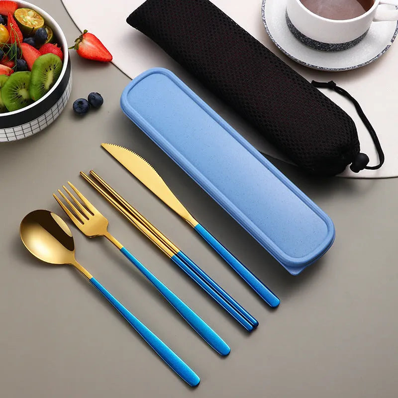 304 stainless steel portable cutlery set with gold knife fork spoon and mesh bag